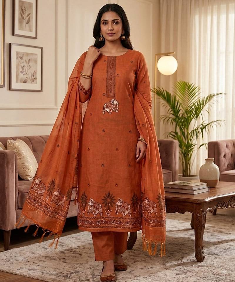 Orange muga cotton jamdani pichwai weaving 3 pc salwar suit