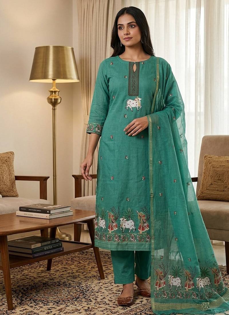Rama muga cotton jamdani pichwai weaving 3 pc salwar suit