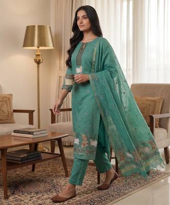 Rama muga cotton jamdani pichwai weaving 3 pc salwar suit 2