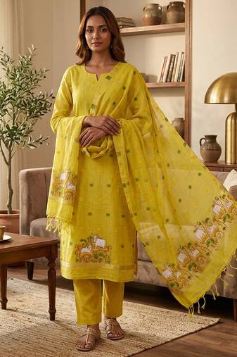 Yellow muga cotton jamdani pichwai weaving 3 pc salwar suit