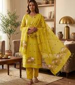 Yellow muga cotton jamdani pichwai weaving 3 pc salwar suit