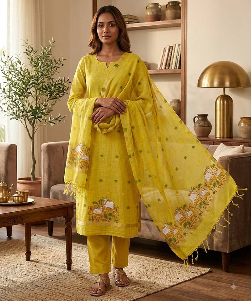 Yellow muga cotton jamdani pichwai weaving 3 pc salwar suit