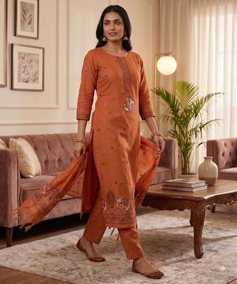 Orange muga cotton jamdani pichwai weaving 3 pc salwar suit 3