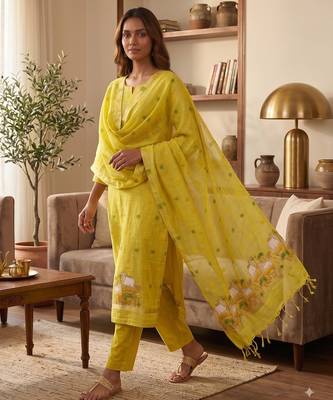 Yellow muga cotton jamdani pichwai weaving 3 pc salwar suit 2