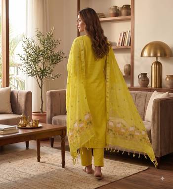 Yellow muga cotton jamdani pichwai weaving 3 pc salwar suit 3