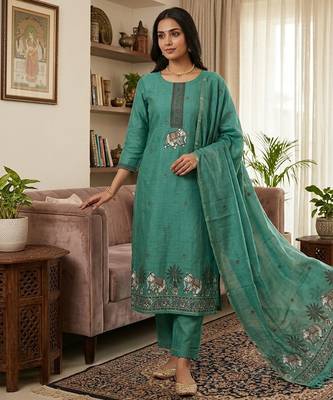 Teal muga cotton jamdani pichwai weaving 3 pc salwar suit 1