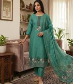 Teal muga cotton jamdani pichwai weaving 3 pc salwar suit