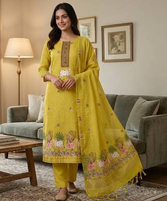Yellow muga cotton jamdani pichwai weaving 3 pc salwar suit 1