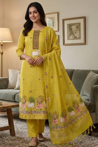 Yellow muga cotton jamdani pichwai weaving 3 pc salwar suit