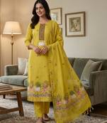 Yellow muga cotton jamdani pichwai weaving 3 pc salwar suit