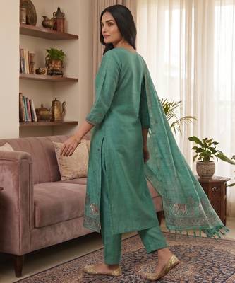 Teal muga cotton jamdani pichwai weaving 3 pc salwar suit 2