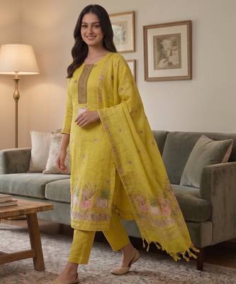 Yellow muga cotton jamdani pichwai weaving 3 pc salwar suit 2