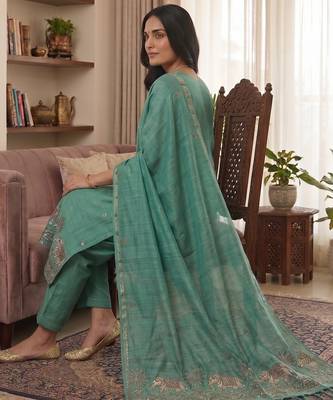 Teal muga cotton jamdani pichwai weaving 3 pc salwar suit 3