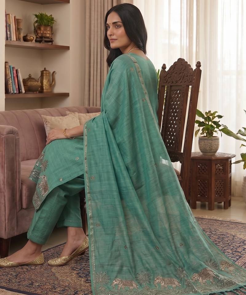 Teal muga cotton jamdani pichwai weaving 3 pc salwar suit