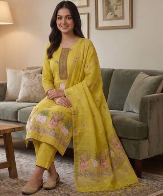 Yellow muga cotton jamdani pichwai weaving 3 pc salwar suit 3