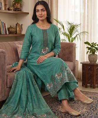 Teal muga cotton jamdani pichwai weaving 3 pc salwar suit 4