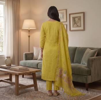 Yellow muga cotton jamdani pichwai weaving 3 pc salwar suit 4