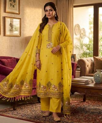 Yellow muga cotton jamdani pichwai weaving 3 pc salwar suit 1