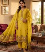 Yellow muga cotton jamdani pichwai weaving 3 pc salwar suit