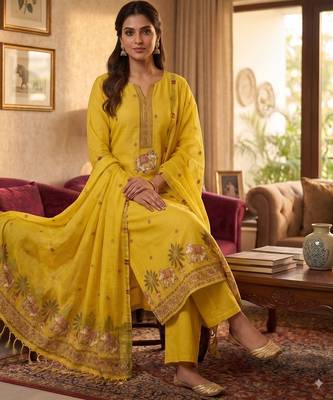 Yellow muga cotton jamdani pichwai weaving 3 pc salwar suit 2