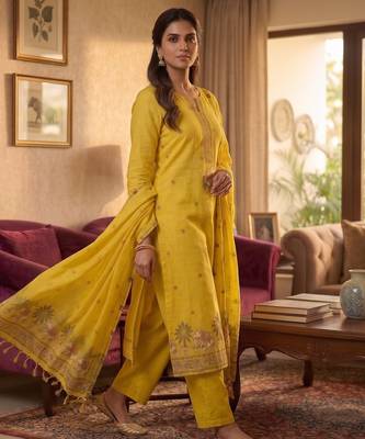 Yellow muga cotton jamdani pichwai weaving 3 pc salwar suit 3