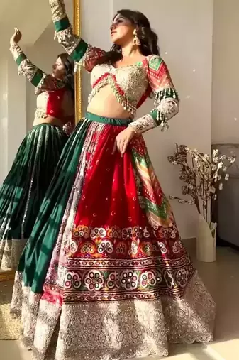 Red Mirror Navratri Lehenga Choli With Dupatta