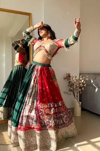 Red Mirror Navratri Lehenga Choli With Dupatta