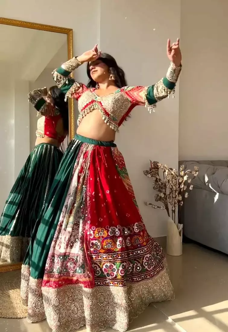Red Mirror Navratri Lehenga Choli With Dupatta