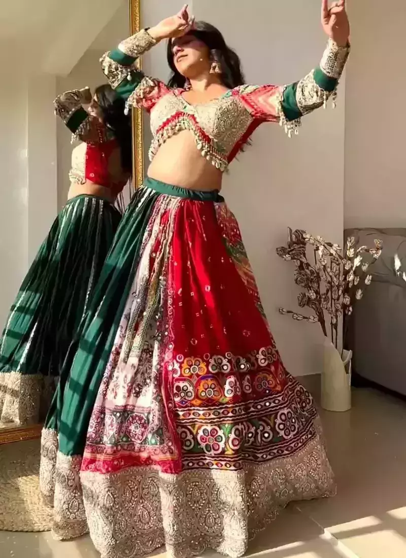 Red Mirror Navratri Lehenga Choli With Dupatta