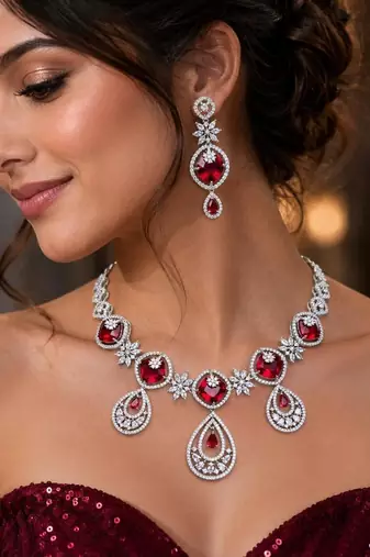 Ruby Red Cubic Zirconia Bridal Jewelry Set, Silver Tone Statement Necklace Earrings
