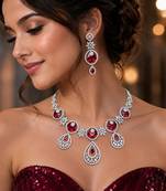 Ruby Red Cubic Zirconia Bridal Jewelry Set, Silver Tone Statement Necklace Earrings