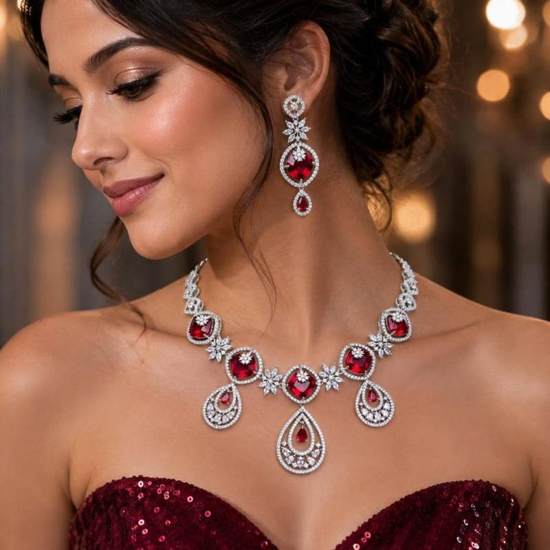 Ruby Red Cubic Zirconia Bridal Jewelry Set, Silver Tone Statement Necklace Earrings