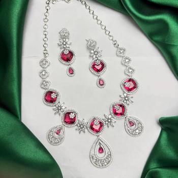 Ruby Red Cubic Zirconia Bridal Jewelry Set, Silver Tone Statement Necklace Earrings 2