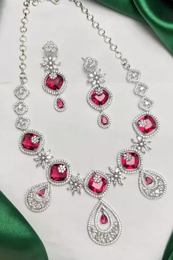 Ruby Red Cubic Zirconia Bridal Jewelry Set, Silver Tone Statement Necklace Earrings