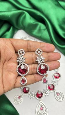 Ruby Red Cubic Zirconia Bridal Jewelry Set, Silver Tone Statement Necklace Earrings 3