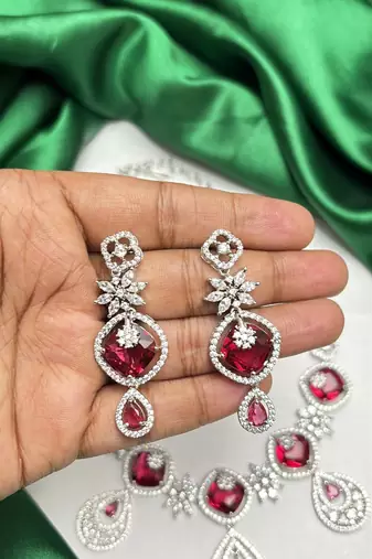 Ruby Red Cubic Zirconia Bridal Jewelry Set, Silver Tone Statement Necklace Earrings