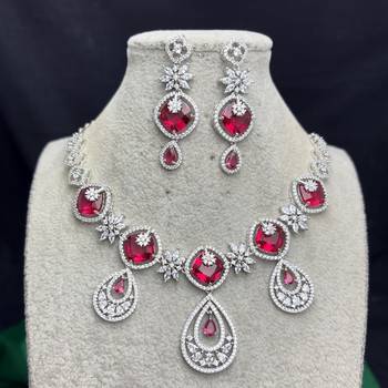 Ruby Red Cubic Zirconia Bridal Jewelry Set, Silver Tone Statement Necklace Earrings 4