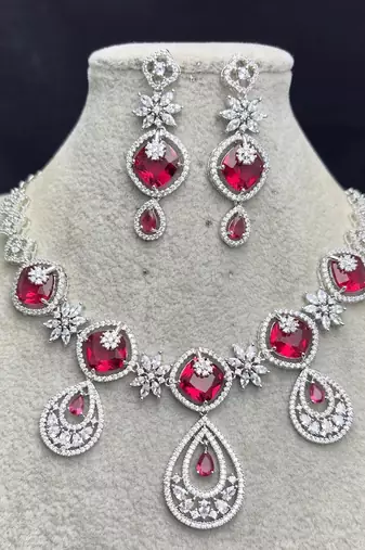 Ruby Red Cubic Zirconia Bridal Jewelry Set, Silver Tone Statement Necklace Earrings