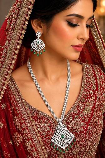 Emerald Green CZ Bridal Necklace Set, Silver Crystal Statement Pendant, Pakistani Jewelry