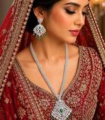 Emerald Green CZ Bridal Necklace Set, Silver Crystal Statement Pendant, Pakistani Jewelry