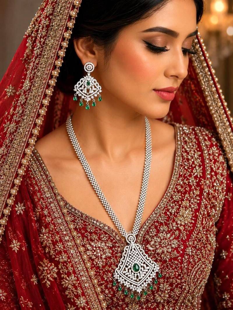 Emerald Green CZ Bridal Necklace Set, Silver Crystal Statement Pendant, Pakistani Jewelry
