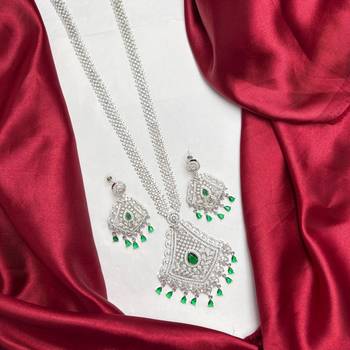 Emerald Green CZ Bridal Necklace Set, Silver Crystal Statement Pendant, Pakistani Jewelry 2
