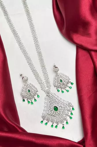 Emerald Green CZ Bridal Necklace Set, Silver Crystal Statement Pendant, Pakistani Jewelry