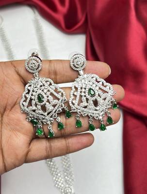 Emerald Green CZ Bridal Necklace Set, Silver Crystal Statement Pendant, Pakistani Jewelry 3