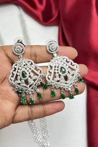 Emerald Green CZ Bridal Necklace Set, Silver Crystal Statement Pendant, Pakistani Jewelry