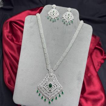 Emerald Green CZ Bridal Necklace Set, Silver Crystal Statement Pendant, Pakistani Jewelry 4