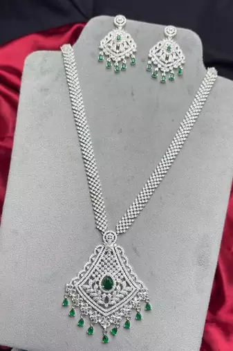Emerald Green CZ Bridal Necklace Set, Silver Crystal Statement Pendant, Pakistani Jewelry