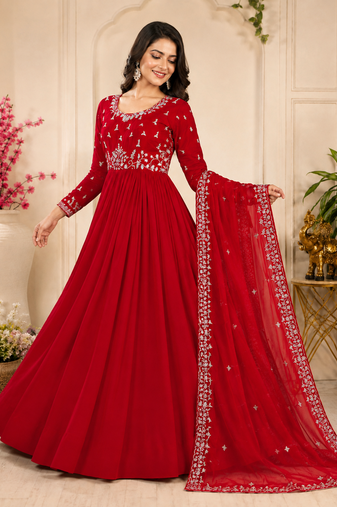 red color elegant embroidery with sequence detailing faux georgette gown set