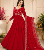 red color elegant embroidery with sequence detailing faux georgette gown set