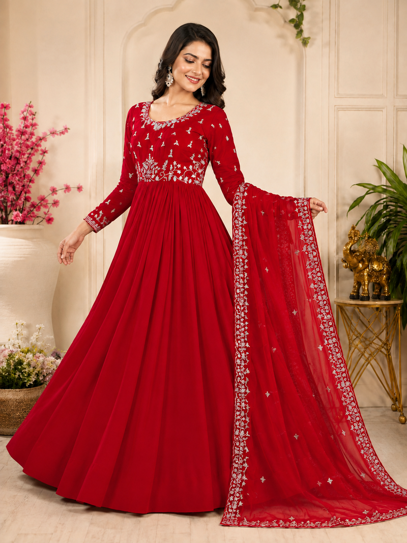 red color elegant embroidery with sequence detailing faux georgette gown set